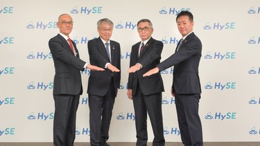 Executives from Kawasaki, Suzuki, Honda, and Yamaha meet to announce the launch of the HySE program in May 2023