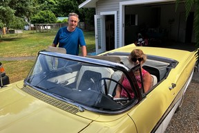 Dan Parlee and his sister Annie in the 1958 Ford Skyliner that they rode in when they were children.