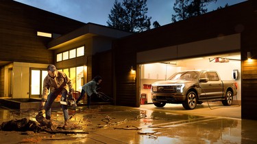 A 2022 Ford F-150 Lightning Platinum using vehicle-to-grid (V2G) Intelligent Backup Power to power a home following a storm