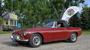Terry MacFarlane of Vancouver Island arrives at the MG2023 car show held at Heritage Park as part of the North American MGB Register’s annual convention. His 1969 MGB has been on several long-distance touring trips, and last year he drove it to Peterborough, Ontario.