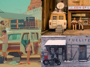 A montage of stills from Wes Anderson movies