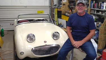 It took Ian Cassley two and a half years to get his 1959 Austin-Healey Bugeye Sprite to this point, with most work done by himself in his oversized single-car garage. The whiteboard attached to the overhead garage door helped keep him on task.