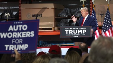 Former U.S. President Donald Trump speaks at a campaign rally at Drake Enterprises, an automotive parts manufacturer, on September 27, 2023 in Clinton Township, Michigan
