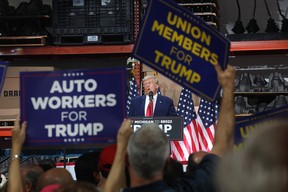 Former U.S. President Donald Trump speaks at a campaign rally at Drake Enterprises, an automotive parts manufacturer, on September 27, 2023 in Clinton Township, Michigan