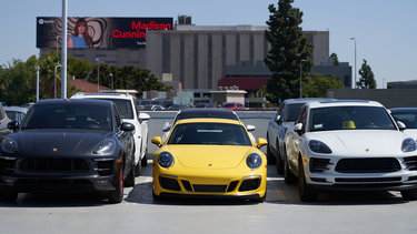 Porsches on display at Porsche Downtown LA auto dealership on September 19, 2022 in Los Angeles, California