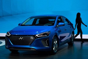 The hybrid version of the new Hyundai Ioniq series is introduced during the New York International Auto Show at the Javits Center on March 23, 2016 in New York, NY
