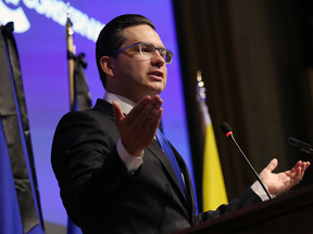 Canadian Conservative Party leader Pierre Poilievre speaks during the National Conservative caucus meeting in Ottawa, Canada on September 12, 2022