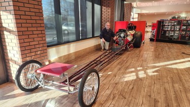 After restoring the Royal Canadian, Bryan Hodges was able to put it on display in Standen’s Limited showroom in Calgary. It took the labour of many, including original builder Don Long of California, to bring the dragster back to its former glory.