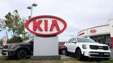 New Kia cars are displayed on the sales lot at San Leandro Kia on May 30, 2023 in San Leandro, California