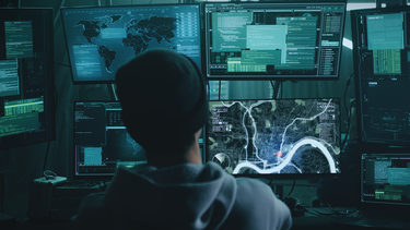 A hacker watching a car on a monitor in a dark hideout during a cyberattack