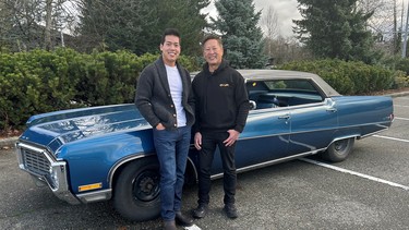 Dr. Wayne Chou and son Christopher with grandma’s 1970 Buick Electra 225 now used for ice racing in British Columbia’s interior.