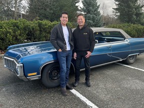 Dr. Wayne Chou and son Christopher with grandma’s 1970 Buick Electra 225 now used for ice racing in British Columbia’s interior.