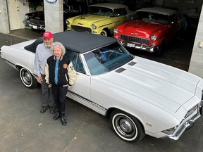 Gordy and Linda Koropchuk with the 1968 Beaumont SD396 convertible they bought new and their three 1955 Chevrolet BelAir convertibles.