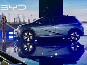 The newly launched electric BYD Dolphin is displayed during the launch of the Chinese-made BYD brand in Jakarta, on January 18, 2024