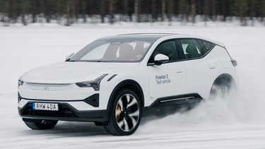 The author gets the Polestar 3 a little sideways on the frozen lake.