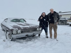 Mike Hall (right) and Avery Shoal with the 1968 Chevrolet Chevelle they drove from B.C. to Toronto, for the Motorama Custom Car Expo, early March 2024