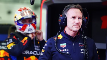 Oracle Red Bull Racing Team Principal Christian Horner looks on in the garage prior to the F1 Grand Prix of Bahrain at Bahrain International Circuit on March 02, 2024 in Bahrain, Bahrain