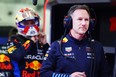 Oracle Red Bull Racing Team Principal Christian Horner looks on in the garage prior to the F1 Grand Prix of Bahrain at Bahrain International Circuit on March 02, 2024 in Bahrain, Bahrain