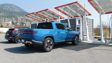 A Rivian R1T charges up at an Electrify Canada station in Merritt, B.C.