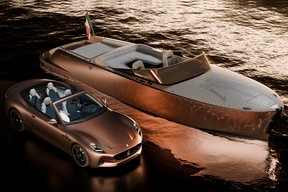 The all-new, and all-electric, Maserati GranCabrio Folgore with the Tridente boat.