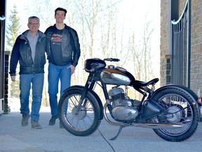 Father and son Lorne and Anthony Kamelchuk with the 1965 Jawa Road King the pair customized in their home garage. They fabricated a triangulated rear swingarm, shortened the forks, rebuilt the wheels and added many subtle touches.
