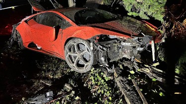 This Lamborghini Huracan was a total write-off after a 13-year-old driver lost control and crashed into a ditch along the Trans-Canada Highway in West Vancouver. The teen and a friend were uninjured in the March 25, 2024, single-vehicle collision, say West Van police.