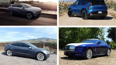 Clockwise from top left: Hyundai Kona Electric, Kia EV9, Rolls-Royce Spectre, Tesla Model 3.