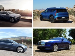 Clockwise from top left: Hyundai Kona Electric, Kia EV9, Rolls-Royce Spectre, Tesla Model 3.