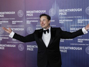 South African businessman Elon Musk arrives at the Tenth Breakthrough Prize Ceremony at the Academy Museum of Motion Pictures in Los Angeles, California, on April 13, 2024