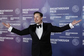 South African businessman Elon Musk arrives at the Tenth Breakthrough Prize Ceremony at the Academy Museum of Motion Pictures in Los Angeles, California, on April 13, 2024