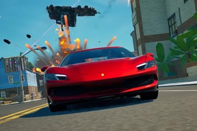 A Ferrari 296 GTB drives away from an explosion in Fortnite PHOTO by Fortnite