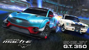 Ford DLC including a classic Shelby GT350R and a customized Mach E PHOTO by Ford/ROCKET LEAGUE