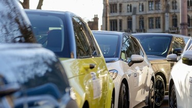 A range of electric automobiles parked in the Westminster district, during the launch of the Society of Motors Manufacturers and Traders (SMMT) Electrified 2021 Virtual Summit, in London, U.K., on Thursday, March 25, 2021.
