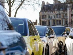 A range of electric automobiles parked in the Westminster district, during the launch of the Society of Motors Manufacturers and Traders (SMMT) Electrified 2021 Virtual Summit, in London, U.K., on Thursday, March 25, 2021.