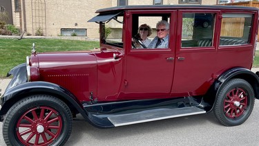 Aaron and wife Arlene Johnson in their 1924 Dodge Brothers sedan. Aaron and all of his siblings learned to drive using this car, and he says, “It’s a handful to drive.”