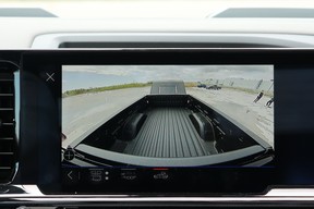 A camera view of the truck bed, handy for checking items in the bed