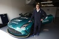 Bernd Mayländer with the 2024 Aston Martin Vantage safety car in the FIA pit garage during the 2024 Canadian Grand Prix in Montreal.
