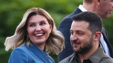 Ukrainian President Volodymyr Zelenskiy and his wife, the First Lady of Ukraine, Olena Zelenska, participate in a family photo before a dinner hosted by Lithuanian President Gitanas Nauseda at the presidential palace during the NATO Summit, on July 11, 2023 in Vilnius, Lithuania