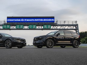 A specially adapted Accord and a CR-V served as EV mules during a test track session for journalists at Honda's R&D facility in Tochigi, Japan to demonstrate the automaker's all-new EV architecture and chassis.