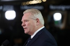 Canada's Ontario Premier Doug Ford speaks to the press during the first Ministers Meeting in Ottawa, Canada on March 21, 2025