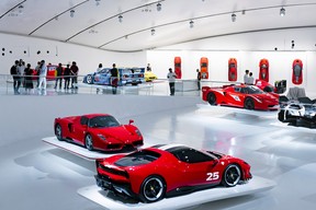A selection of supercars in the Enzo Ferrari Museum in Modena, Italy