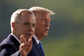 Canadian Prime Minister Mark Carney (left) and U.S. President Donald Trump arrive for a photo during the Group of Seven (G7) Summit at the Kananaskis Country Golf Course in Kananaskis, Alberta, Canada on June 16, 2025