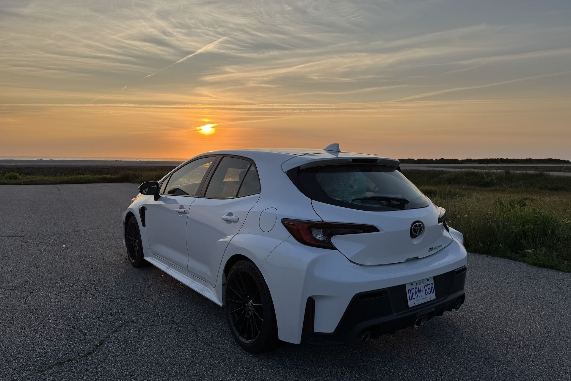 2025 Toyota GR Corolla on Newfoundland's West Coast at sunset