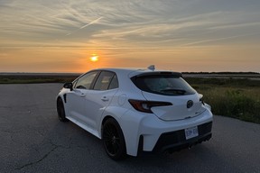 2025 Toyota GR Corolla on Newfoundland's West Coast at sunset