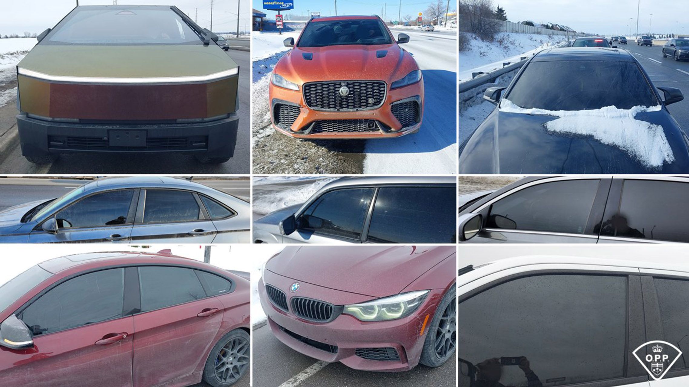 A selection of cars charged for illegally dark window tint or obscured licence plates during a Caledon OPP enforcement blitz February and March 2026