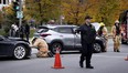 Montreal firefighters tend to a car accident on Robert-Bourassa Street in Montreal, on Sunday, October 26, 2025