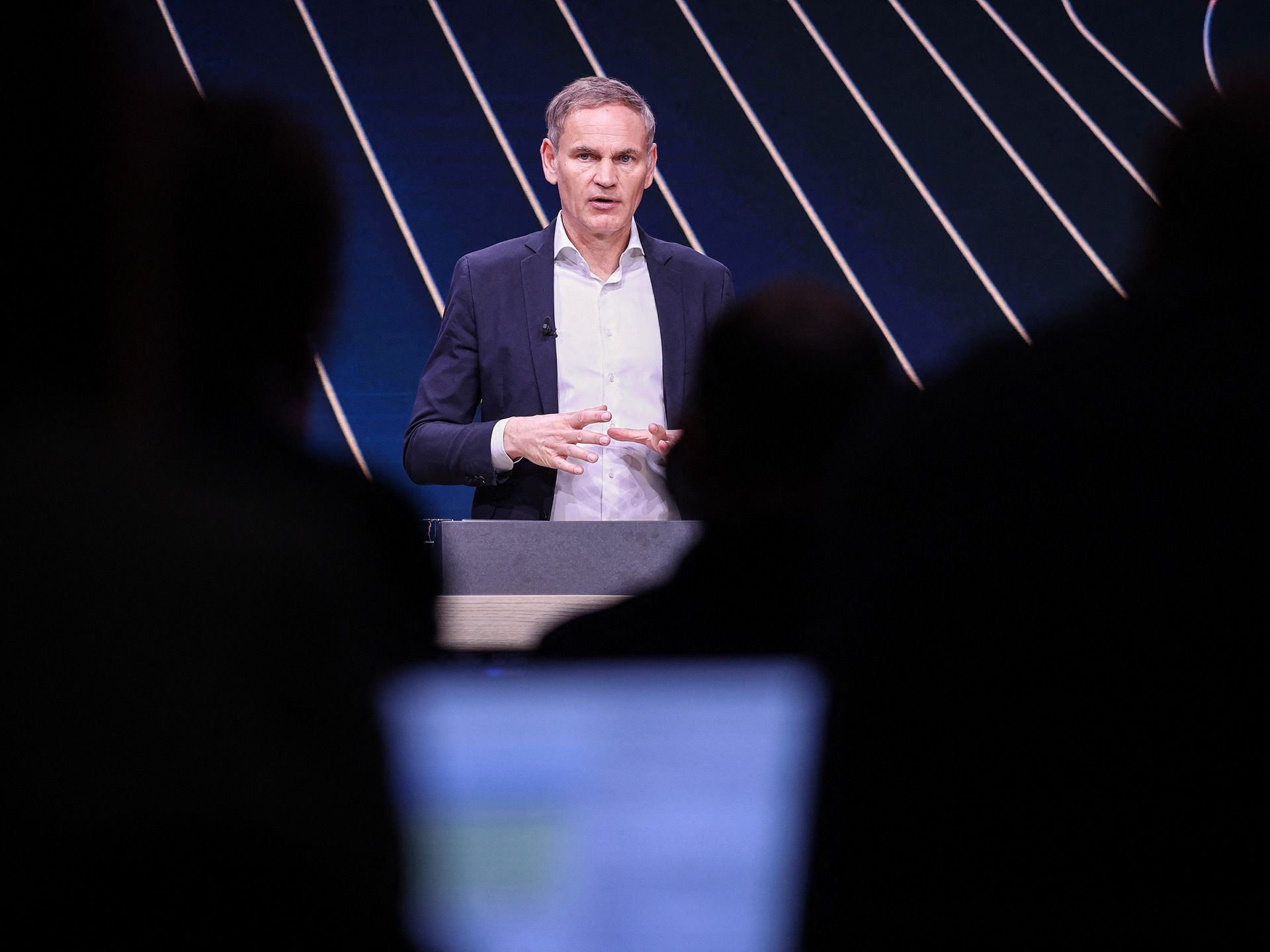German carmaker Volkswagen (VW) CEO Oliver Blume addresses an annual news conference to present the company's results at the company's headquarters plant in Wolfsburg, central Germany, on March 11, 2025