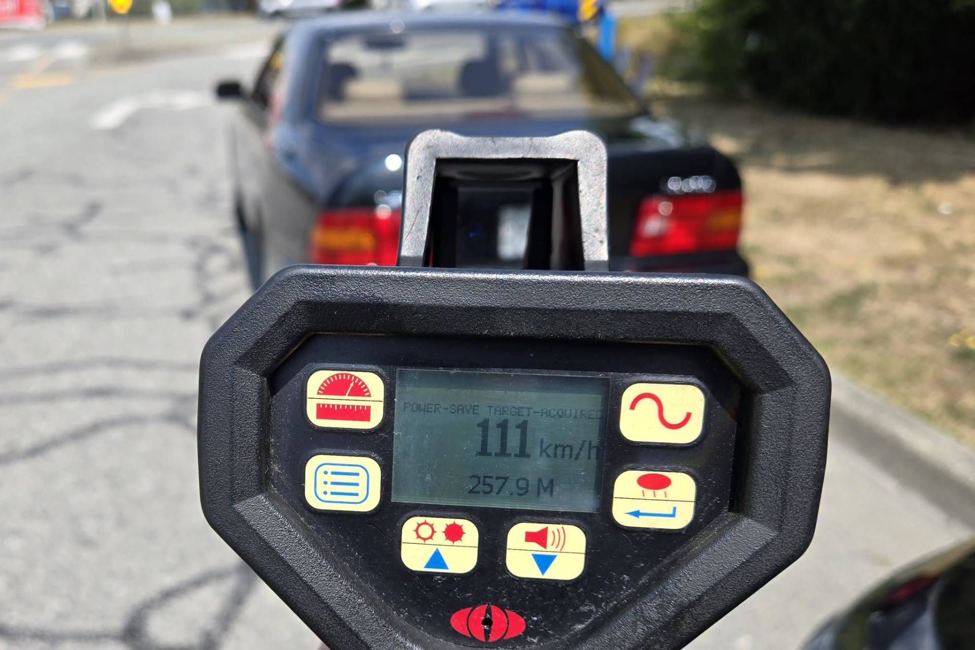 A radar gun reading showing the indicated speed of a Lexus clocked July 2026 in Coquitlam, B.C.