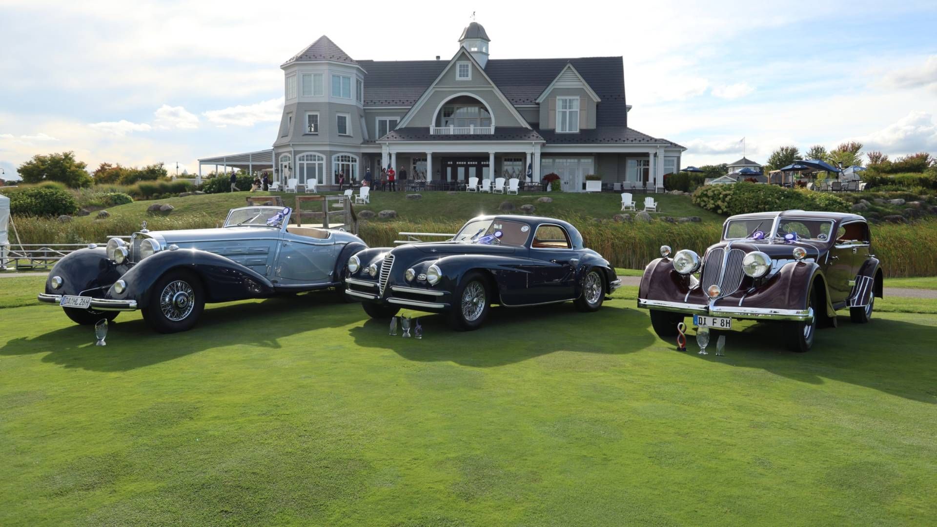 The winners of the 2026 Cobble Beach Concours d'Elegance: from right to left, a 1932 Röhr 8 Type F Streamliner; a 1949 Alfa Romeo 6C 2500 SS Superleggera; and a 1937 Mercedes-Benz 540K Sport Cabriolet