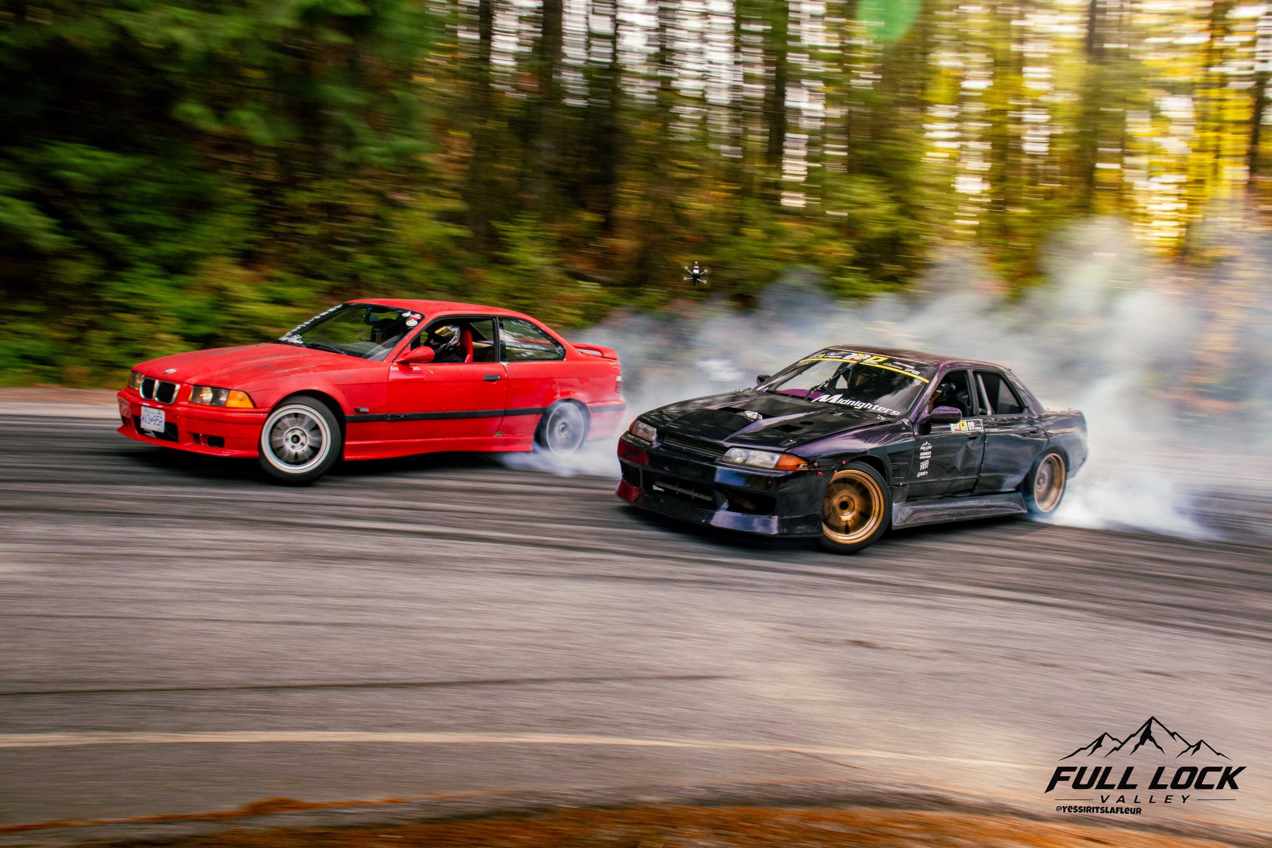 Cars drifting down a B.C. mountainside during Full Lock